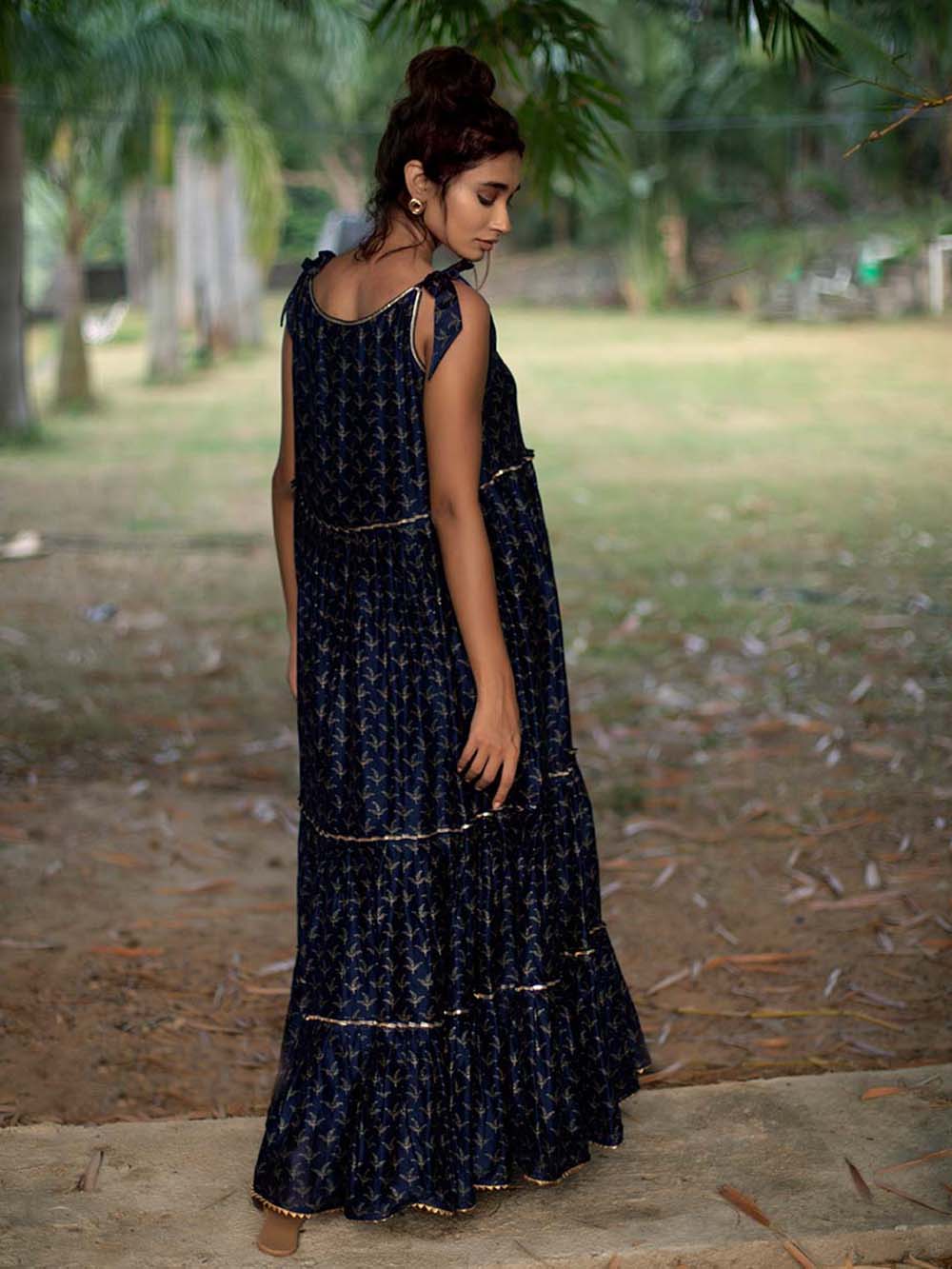 Indigo Block Printed Chanderi Tiered Dress