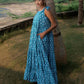 Blue Block Printed Cambric Tiered Dress