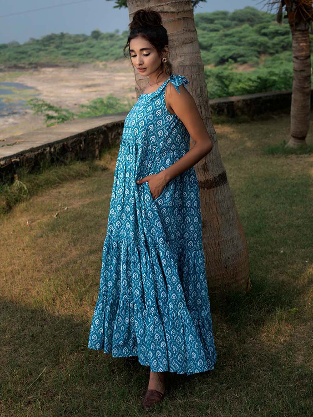 Blue Block Printed Cambric Tiered Dress