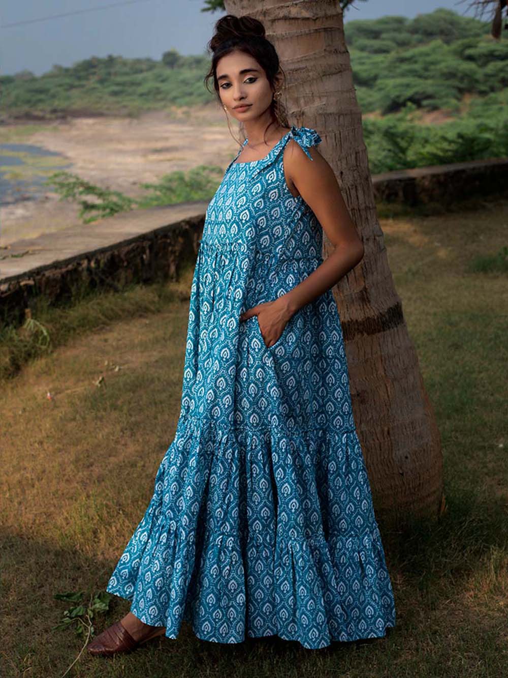 Blue Block Printed Cambric Tiered Dress