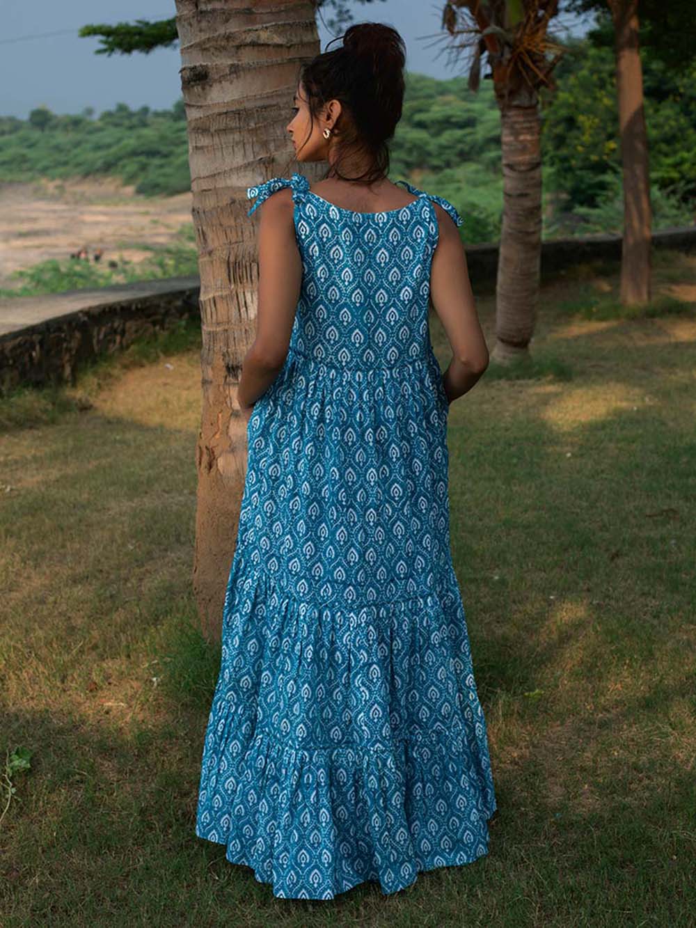 Blue Block Printed Cambric Tiered Dress