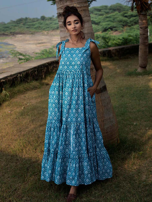 Blue Block Printed Cambric Tiered Dress