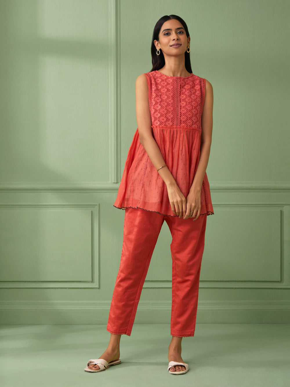 Coral Cotton Shirt with Pants Set