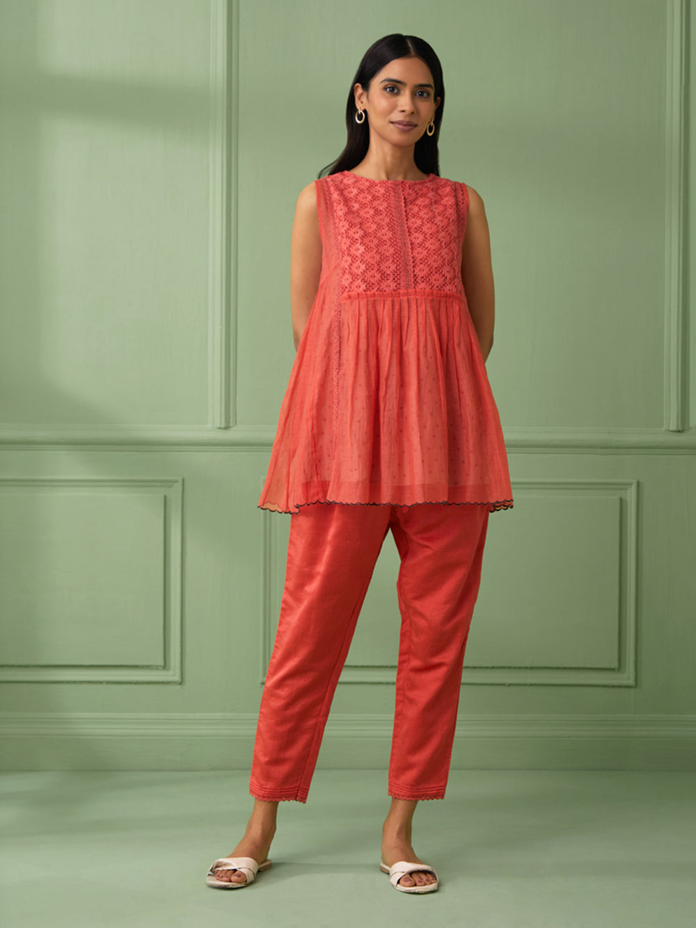 Coral Cotton Shirt with Pants Set