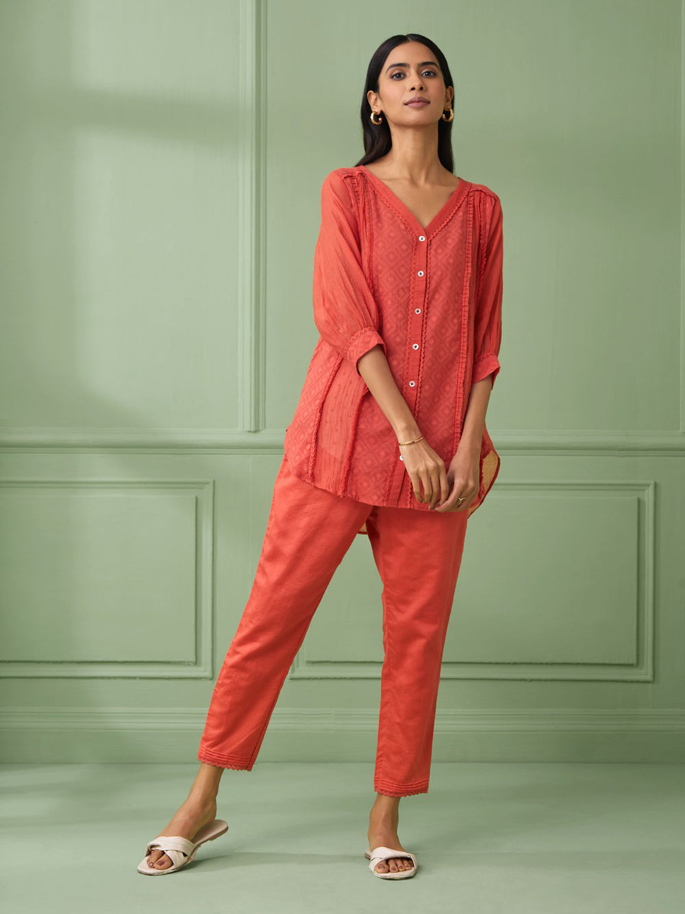 Coral Cotton Shirt with Pants Set