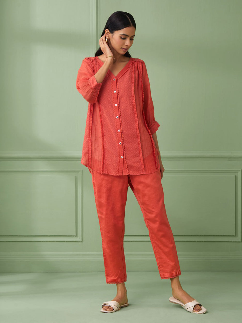 Coral Cotton Shirt with Pants Set