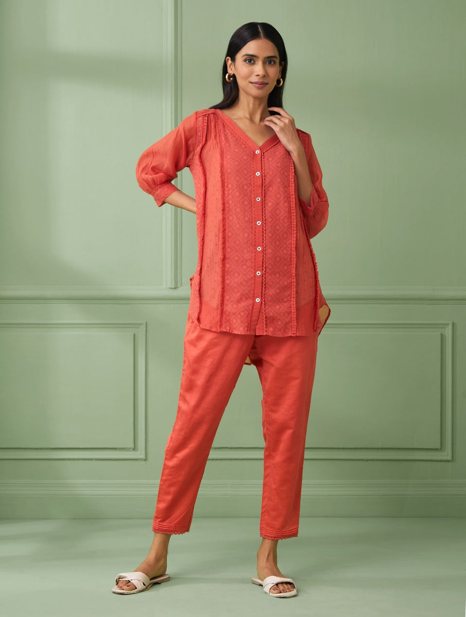 Coral Cotton Shirt with Pants Set