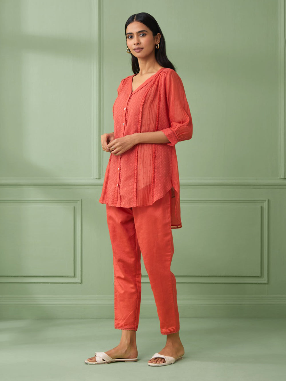 Coral Cotton Shirt with Pants Set