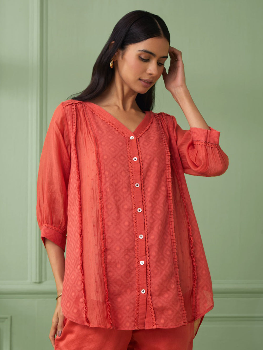 Coral Cotton Shirt with Pants Set