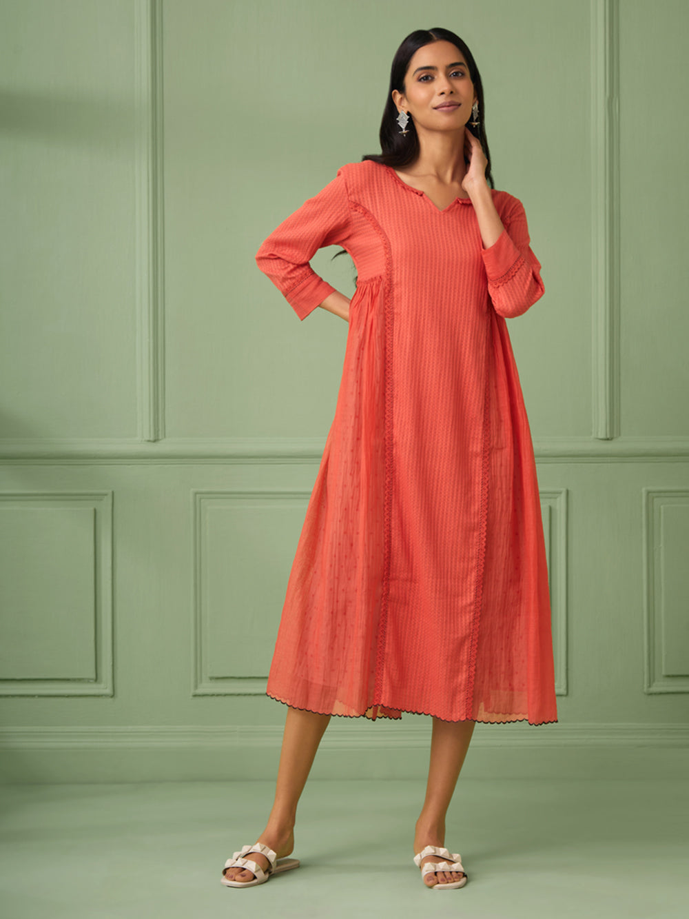 Coral Cotton Silk Gathered dress