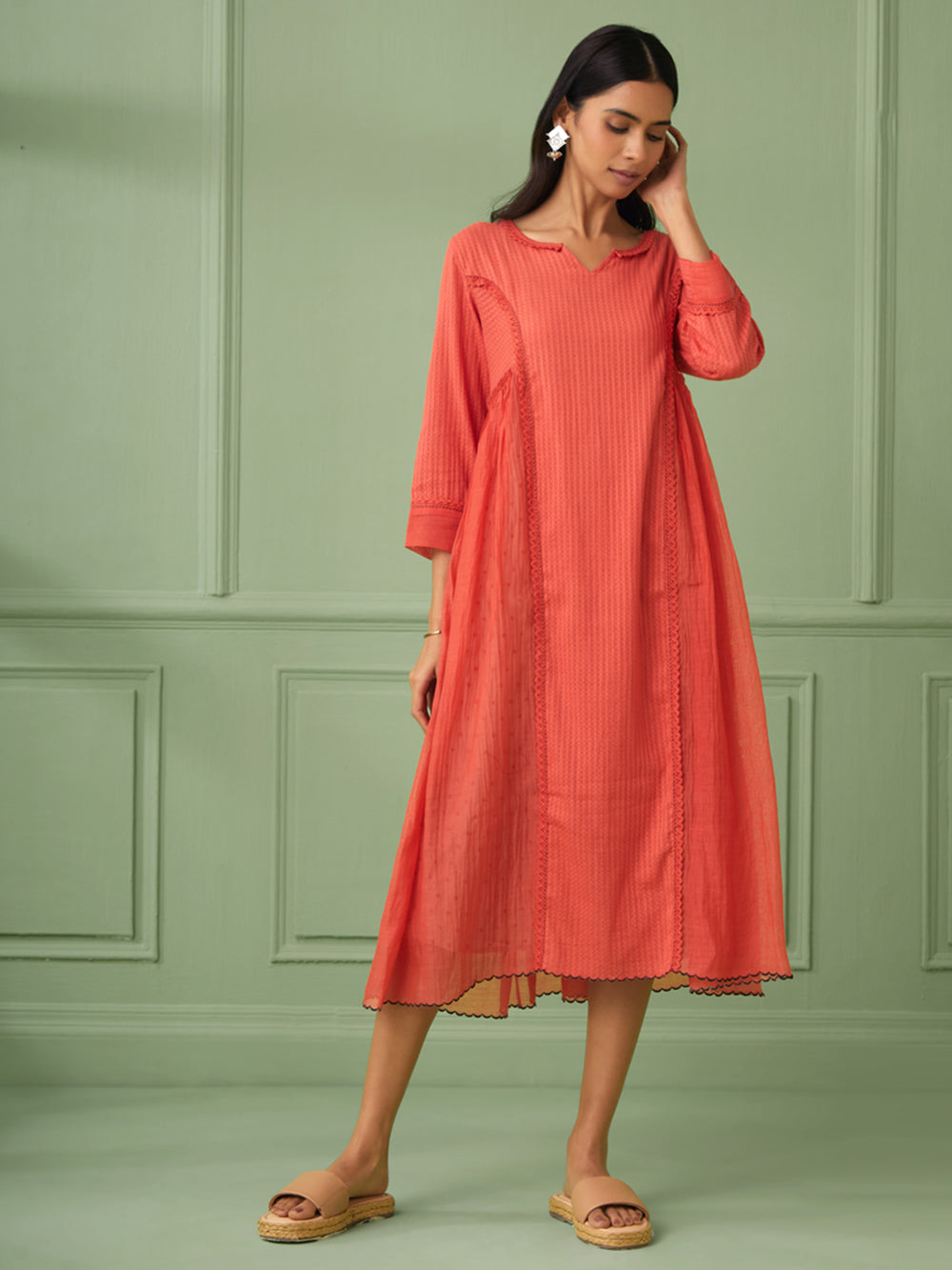 Coral Cotton Silk Gathered dress