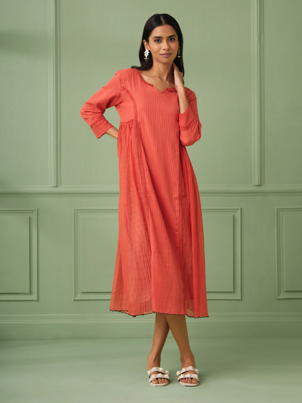 Coral Cotton Silk Gathered dress