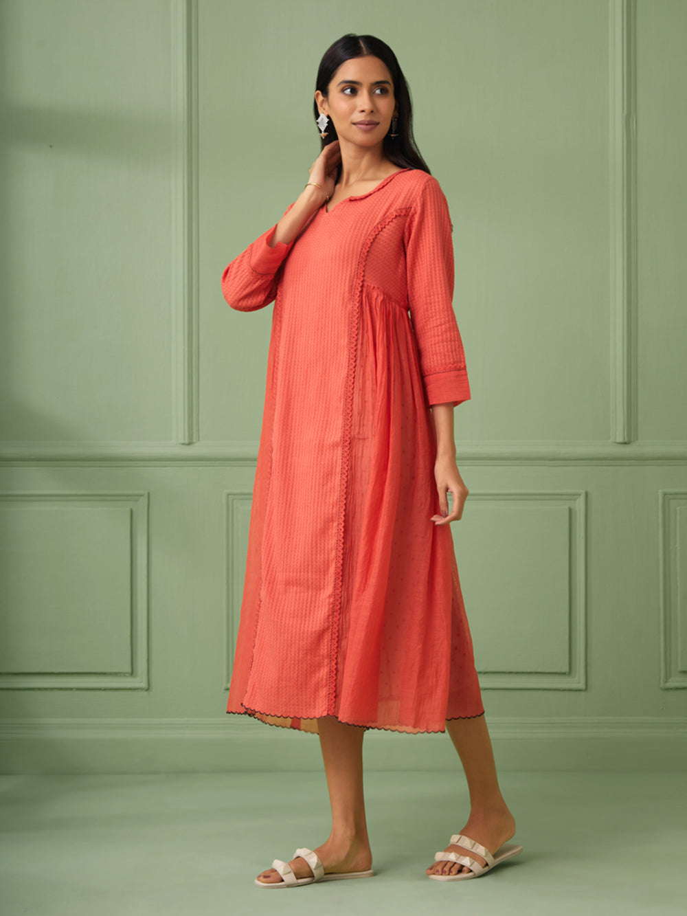 Coral Cotton Silk Gathered dress