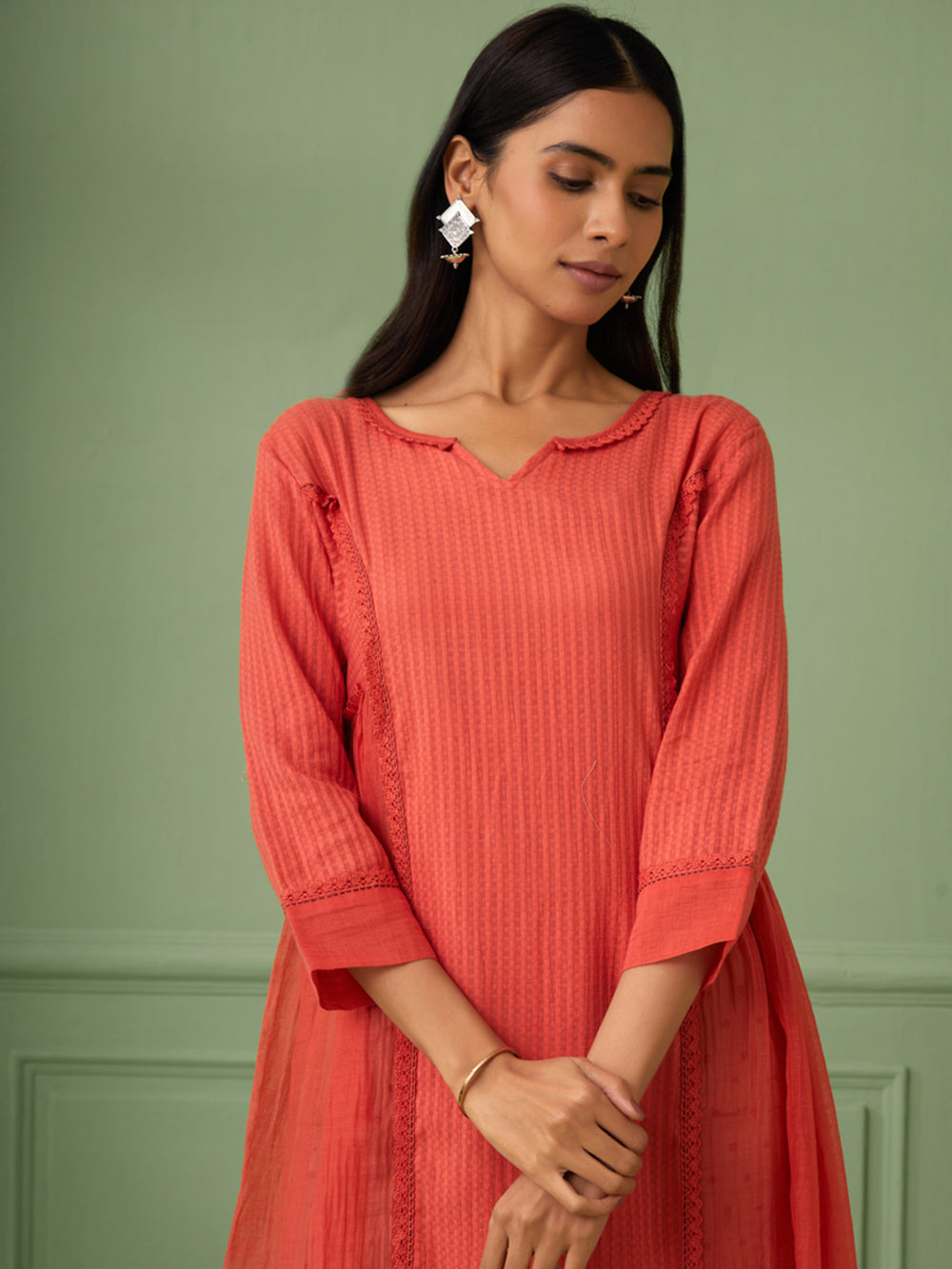 Coral Cotton Silk Gathered dress