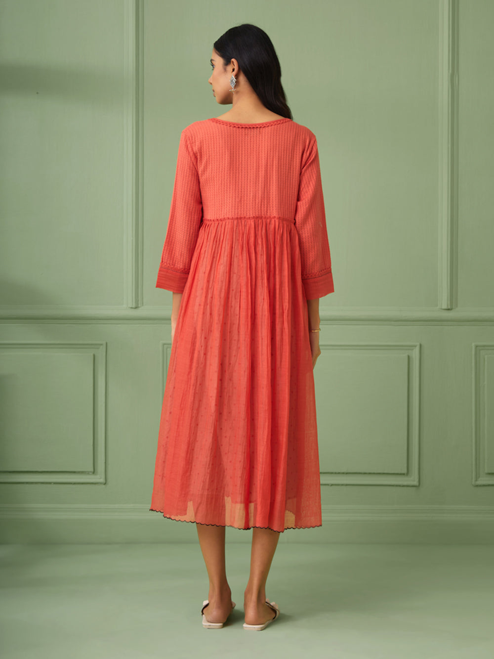 Coral Cotton Silk Gathered dress