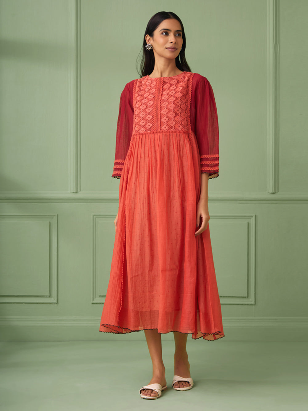 Coral Cotton Silk Maxi Dress