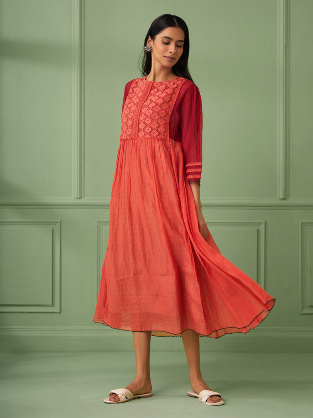 Coral Cotton Silk Maxi Dress