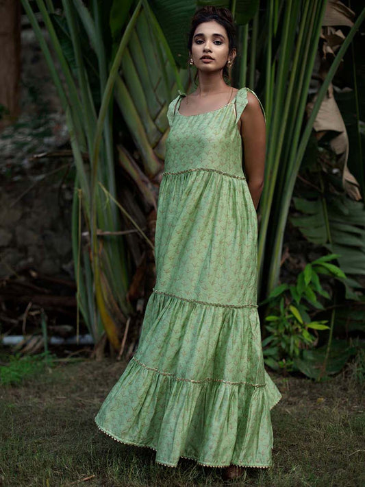 Green Block Printed Chanderi Tiered Dress