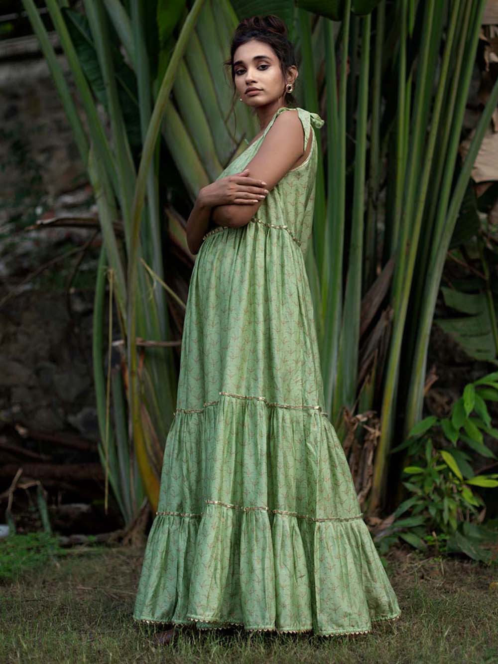 Green Block Printed Chanderi Tiered Dress