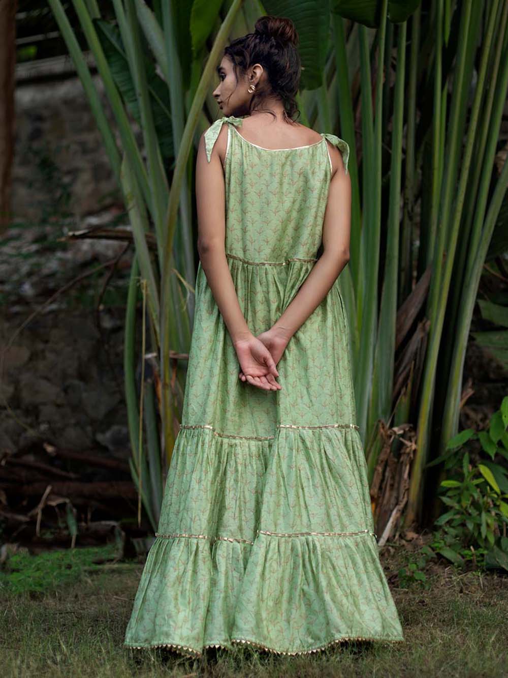 Green Block Printed Chanderi Tiered Dress