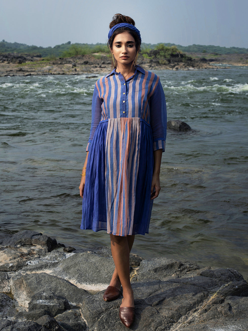 Indigo Chanderi Gathered Dress