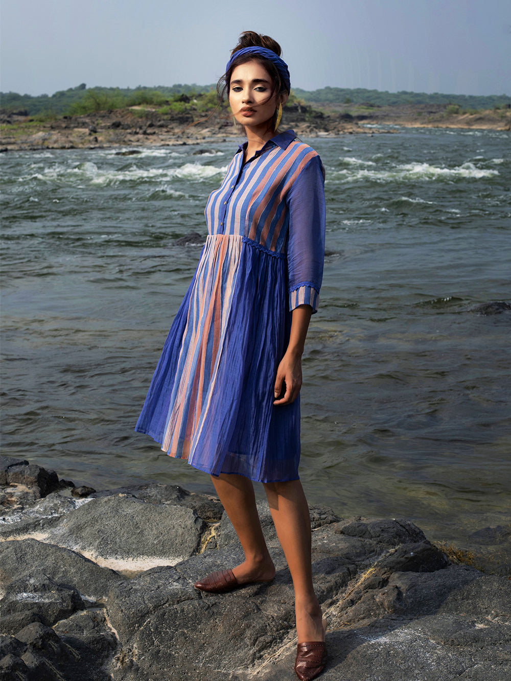 Indigo Chanderi Gathered Dress