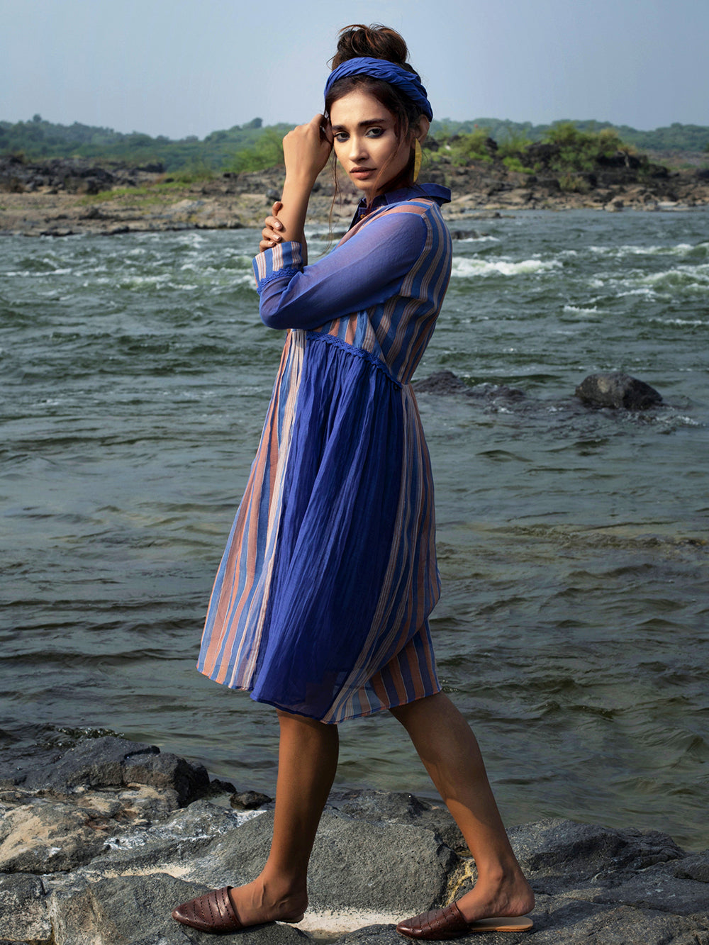 Indigo Chanderi Gathered Dress