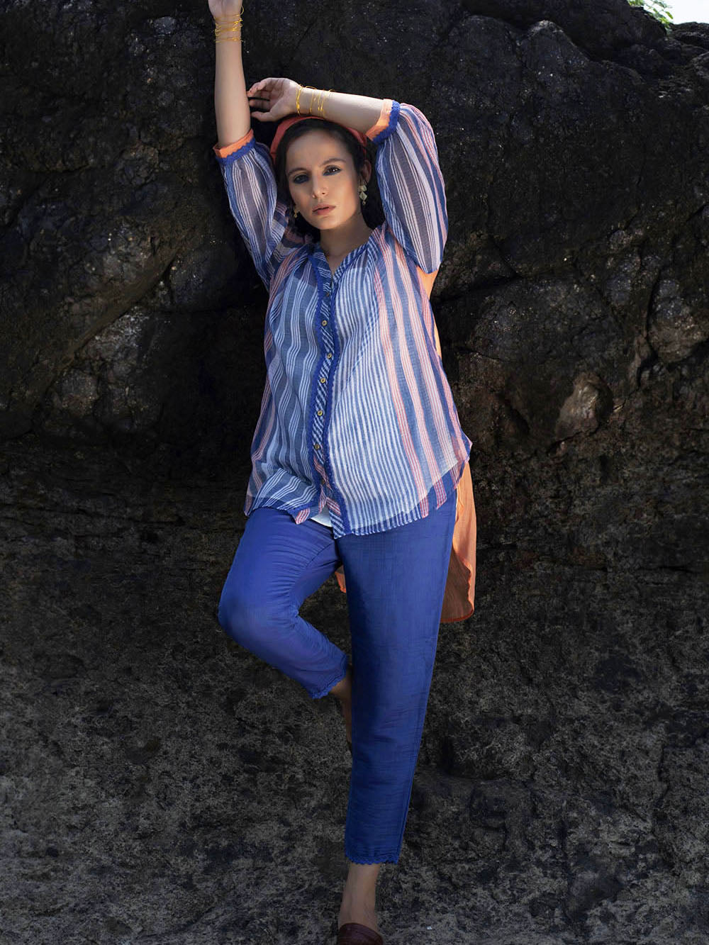 Indigo & Peach Chanderi Shirt with Pants Set