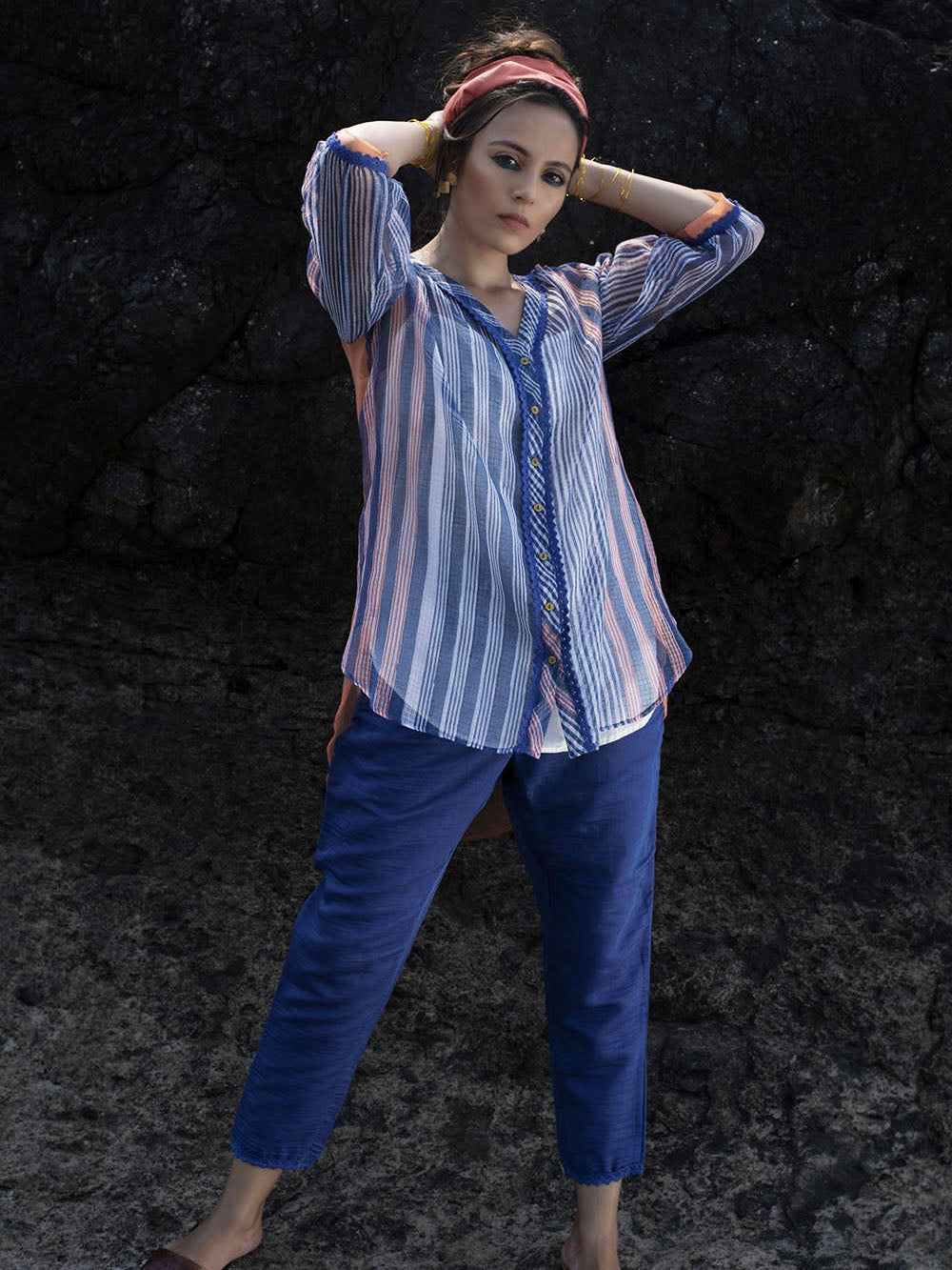 Indigo & Peach Chanderi Shirt with Pants Set