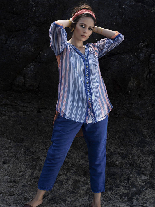 Indigo & Peach Chanderi Shirt with Pants Set