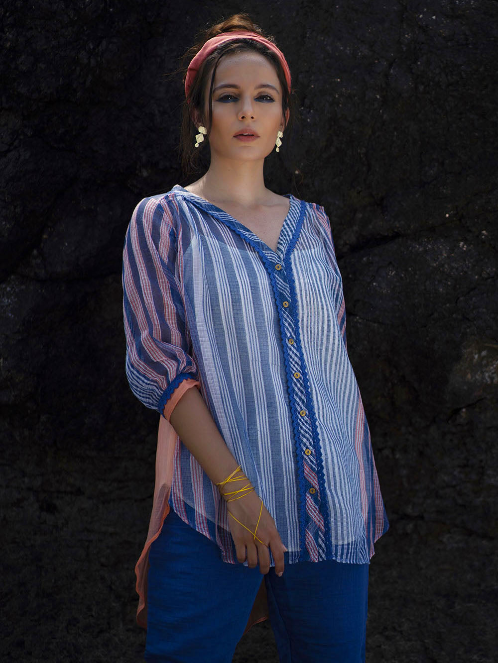 Indigo & Peach Chanderi Shirt with Pants Set