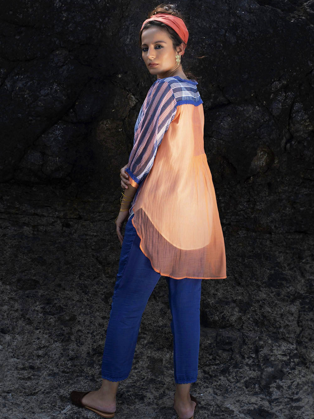 Indigo & Peach Chanderi Shirt with Pants Set