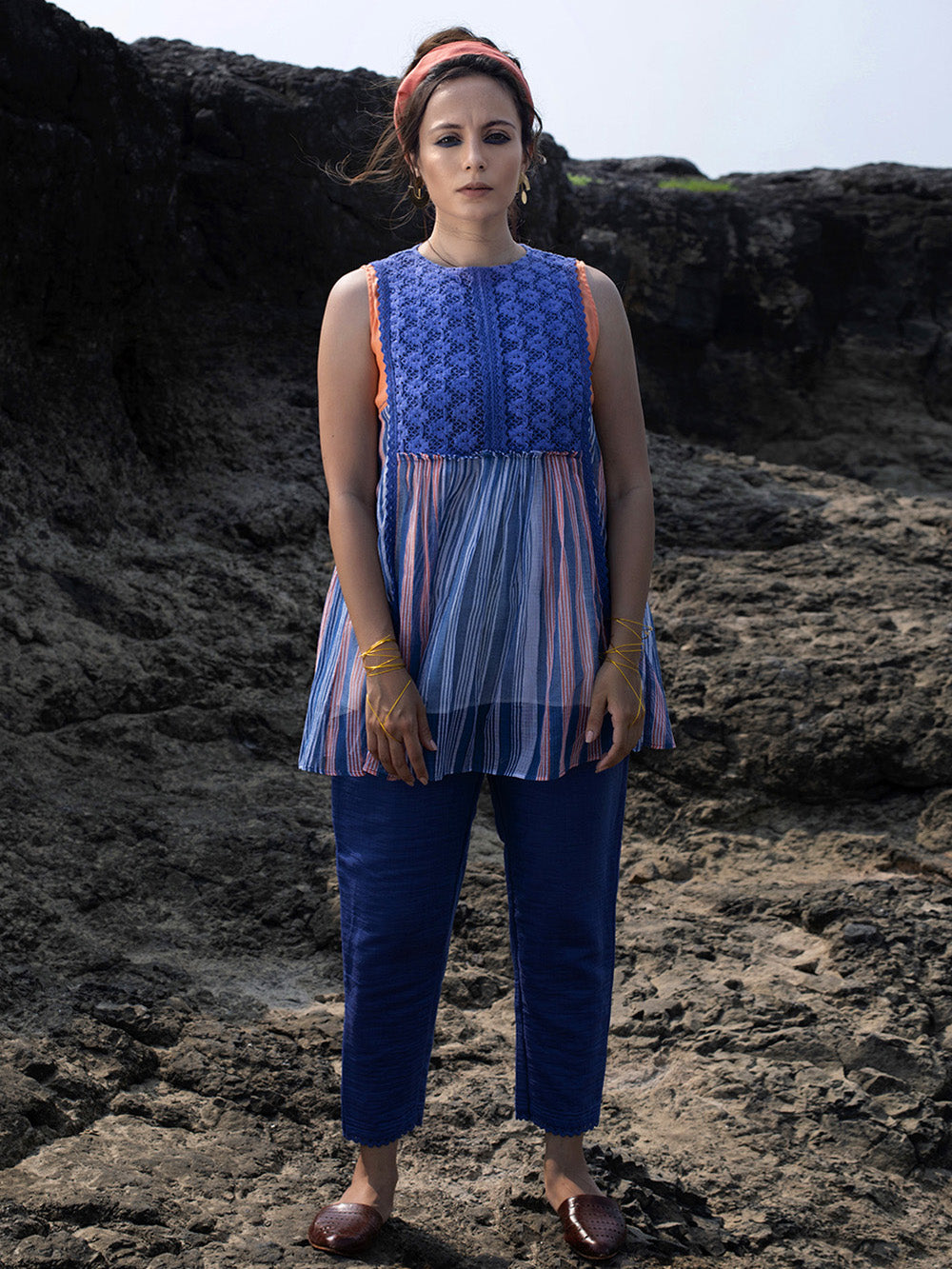 Indigo & Peach Chanderi Top with Pants Set