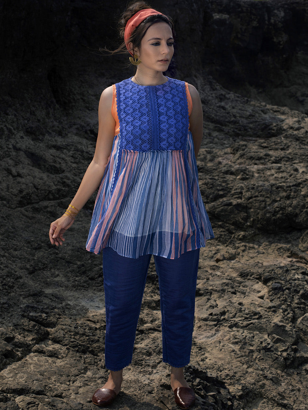 Indigo & Peach Chanderi Top with Pants Set