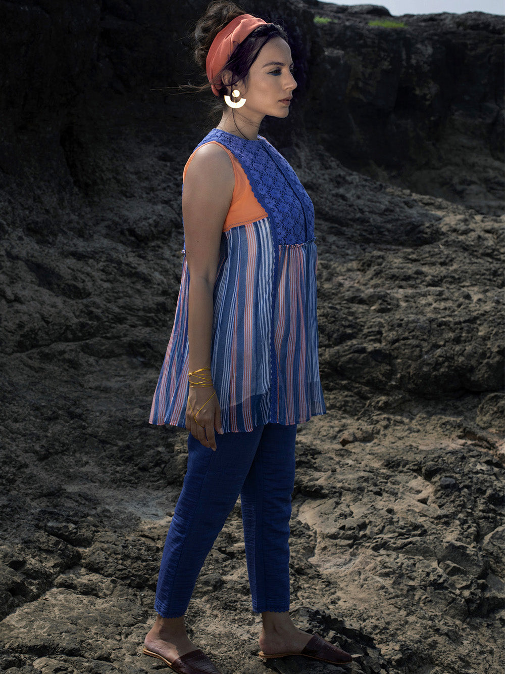 Indigo & Peach Chanderi Top with Pants Set