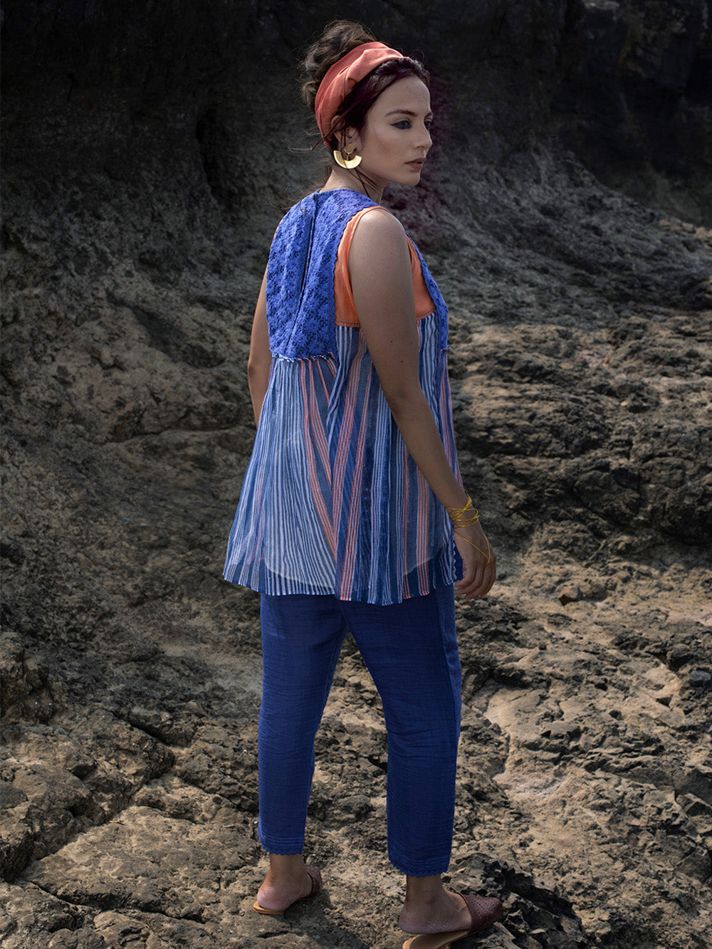 Indigo & Peach Chanderi Top with Pants Set