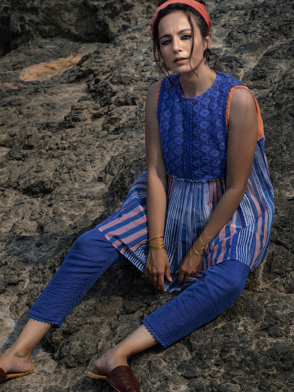 Indigo & Peach Chanderi Top with Pants Set