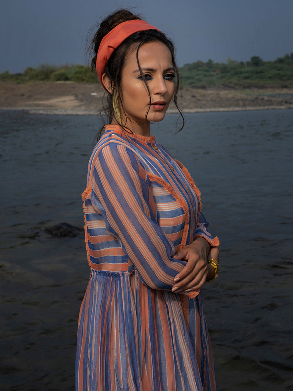 Indigo peach Hand Block Printed Chanderi Dress