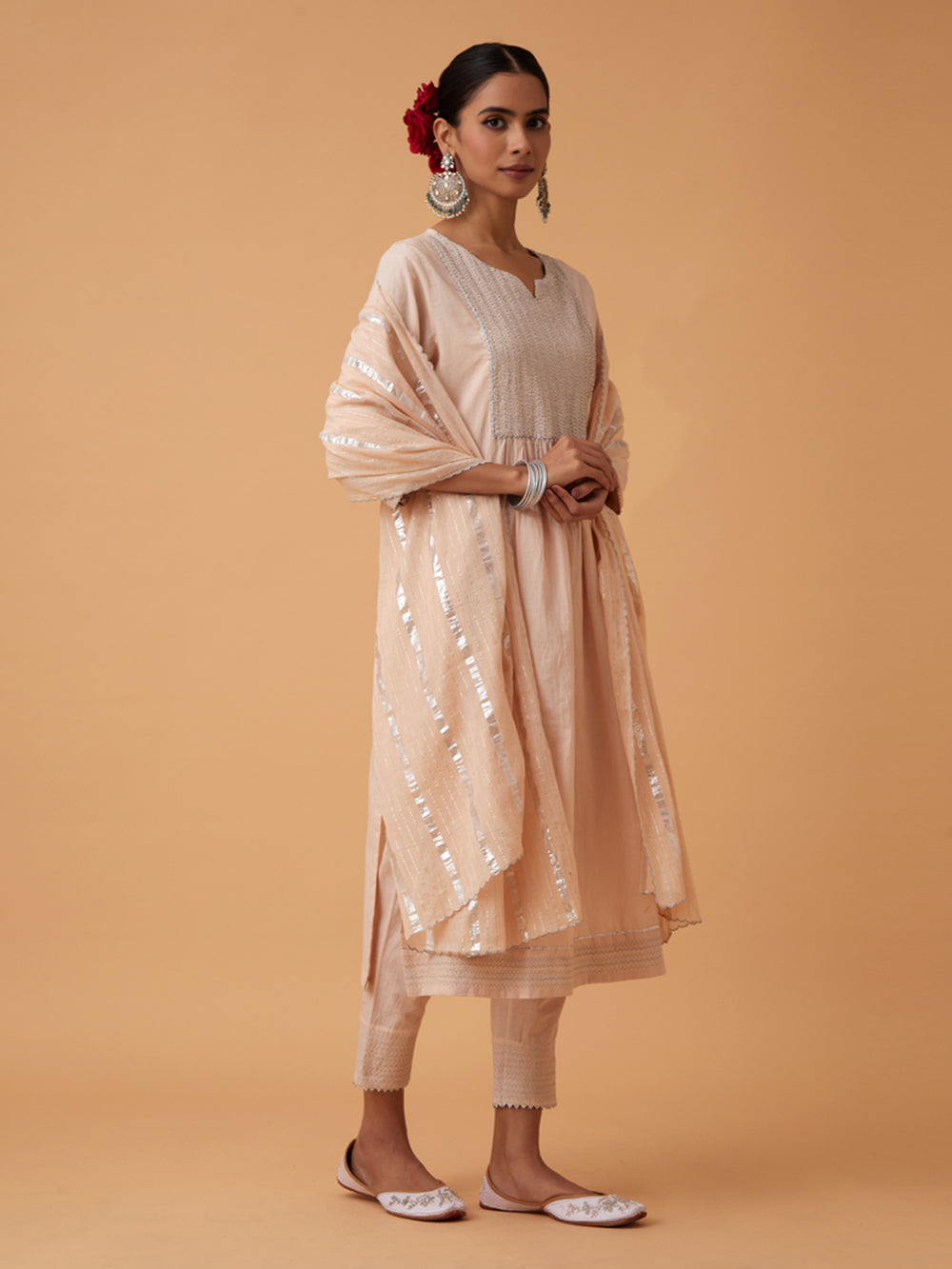 Off White Cotton Kurta with Pants and Dupatta Set of 3