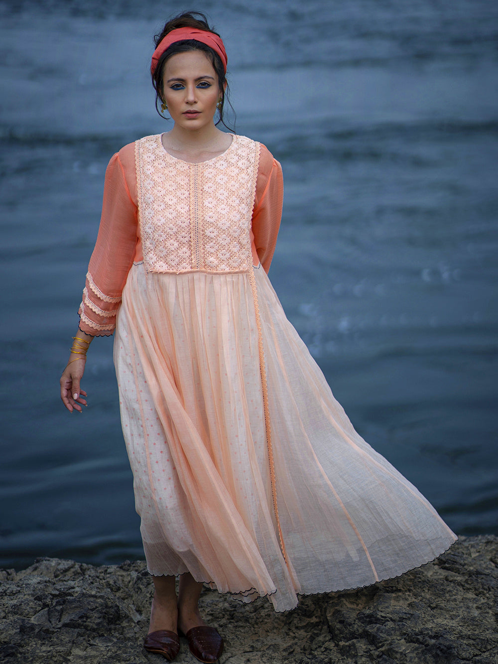 Peach Chanderi Maxi Dress