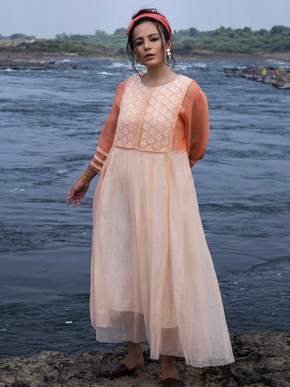 Peach Chanderi Maxi Dress