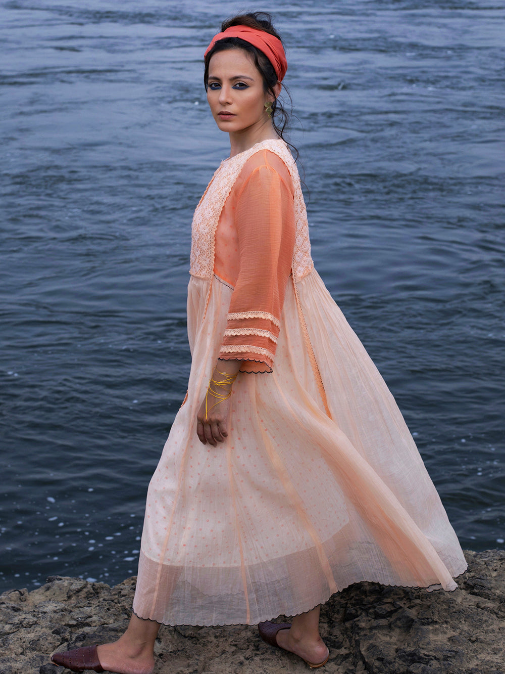 Peach Chanderi Maxi Dress