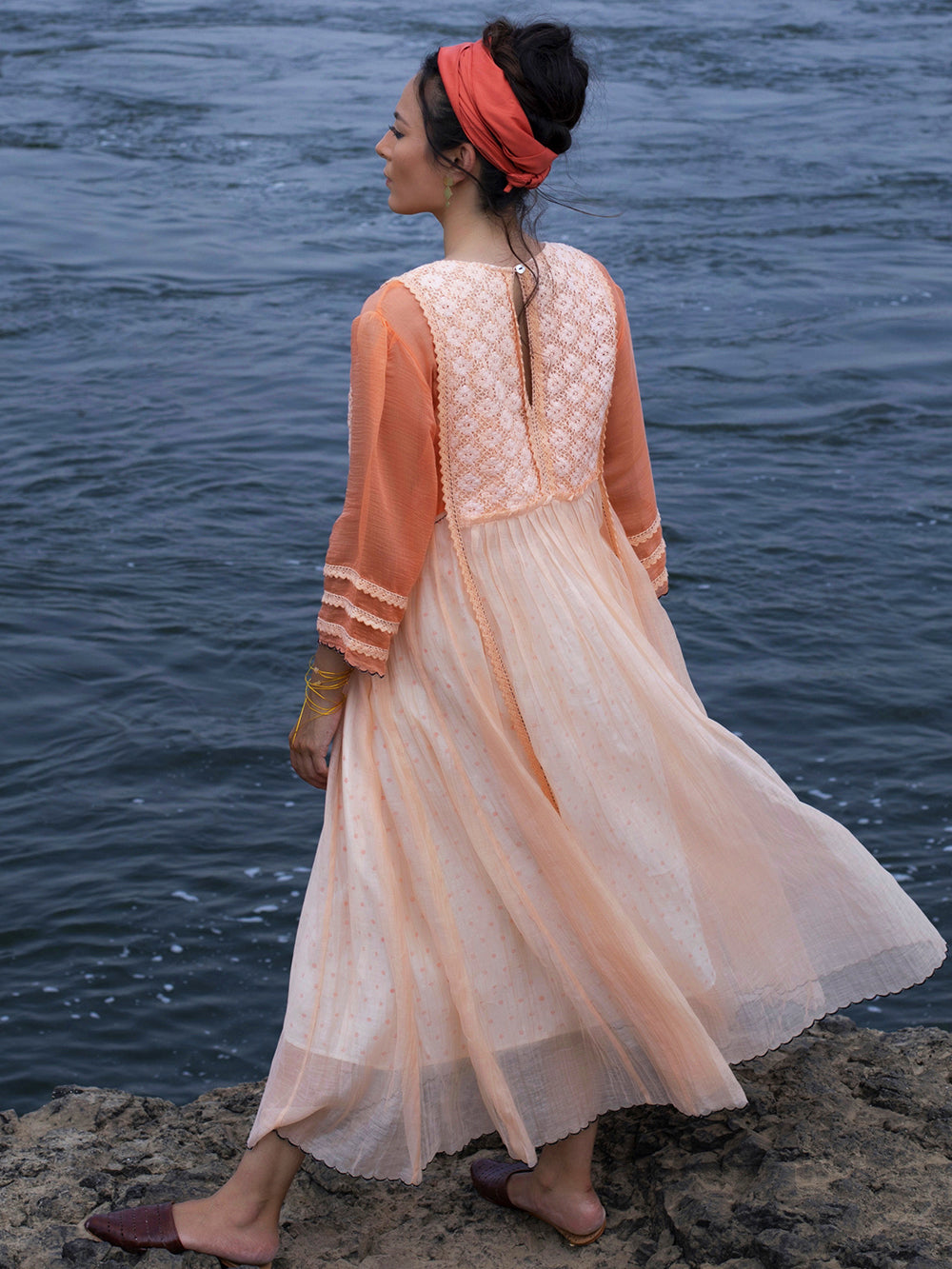 Peach Chanderi Maxi Dress