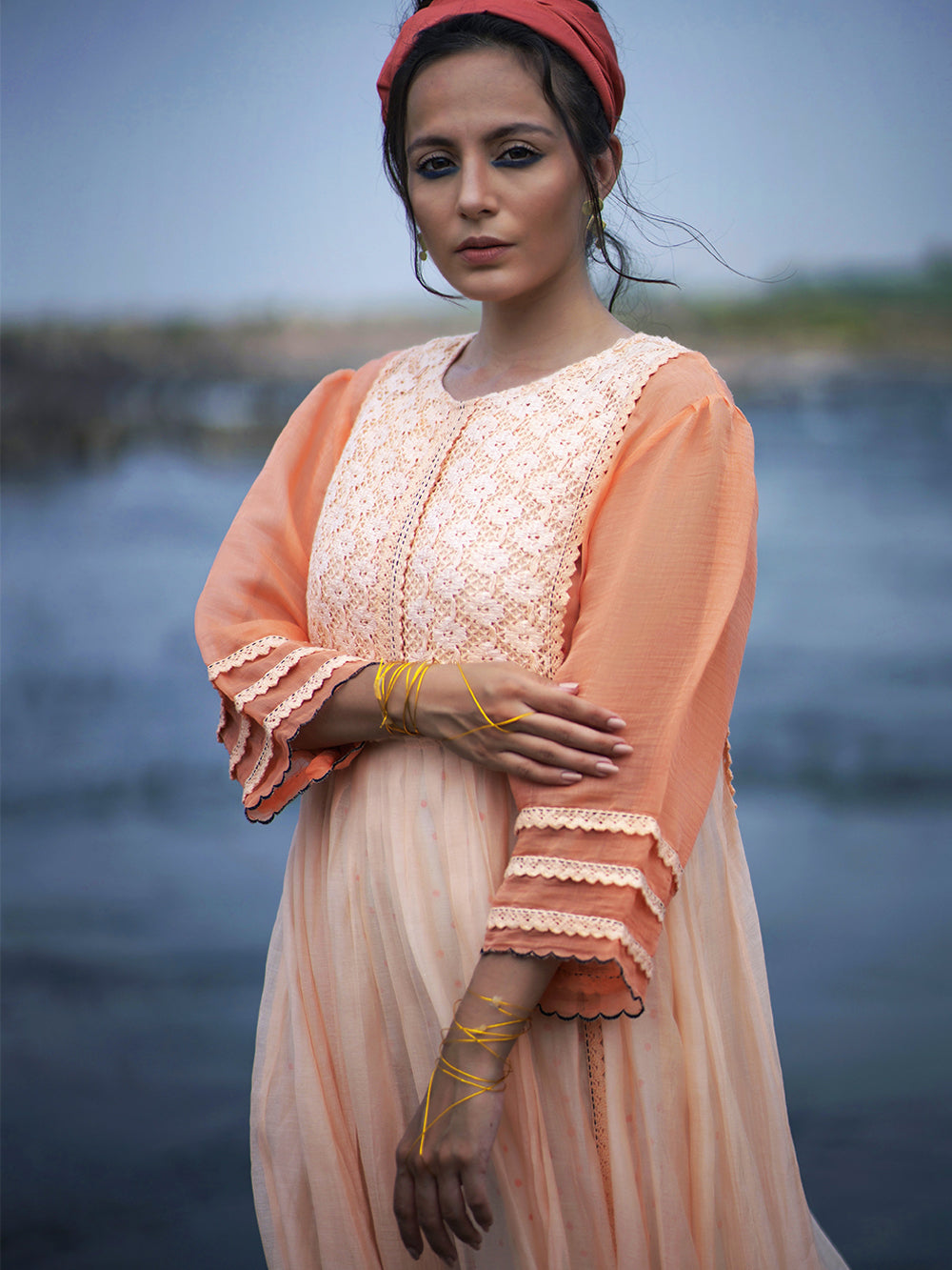 Peach Chanderi Maxi Dress