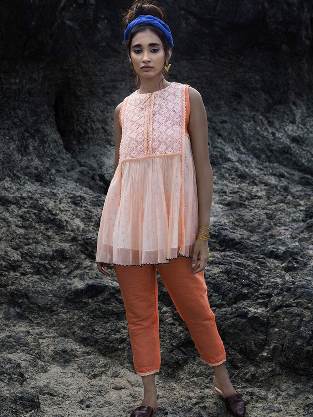 Peach Chanderi Top with Pants Set