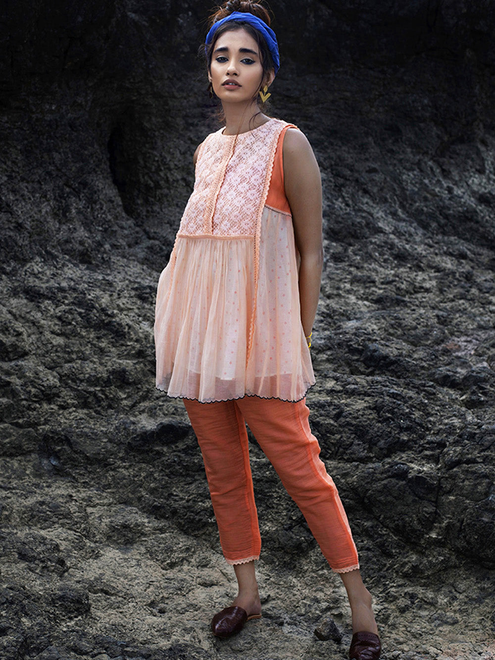 Peach Chanderi Top with Pants Set