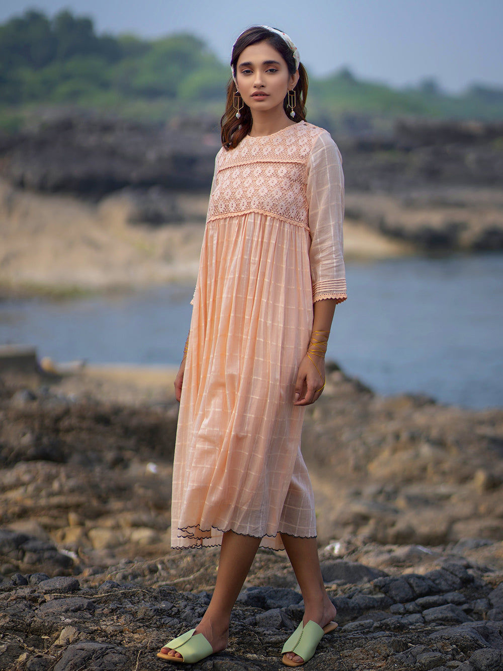 Peach Cotton Gathered Dress