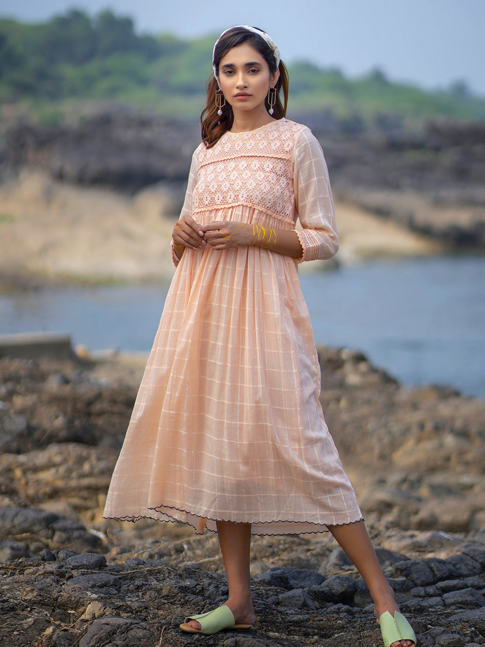 Peach Cotton Gathered Dress