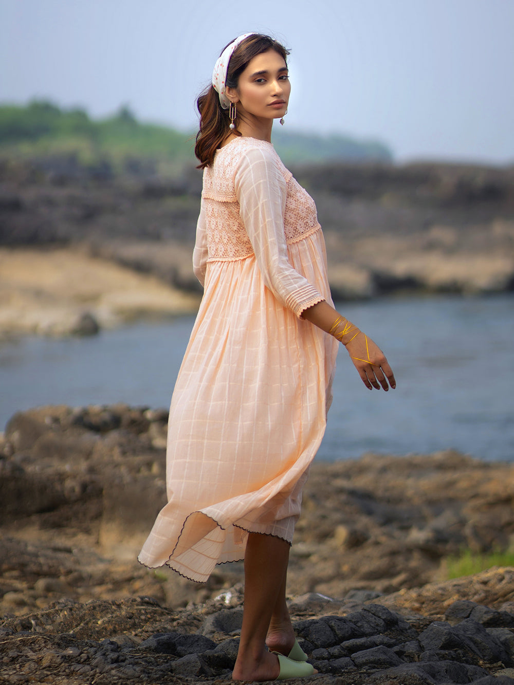 Peach Cotton Gathered Dress