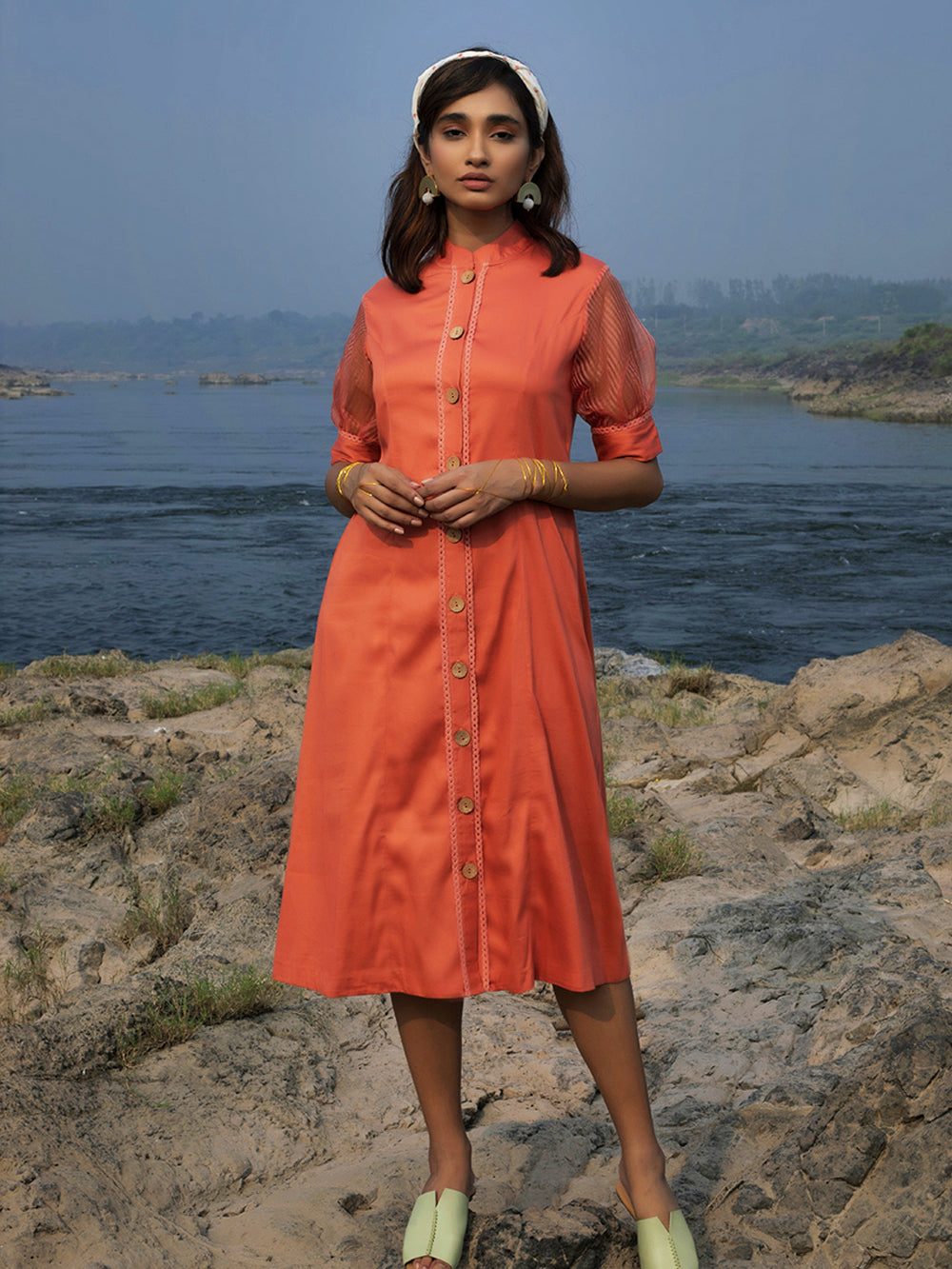 Peach Cotton Silk Shirt Dress